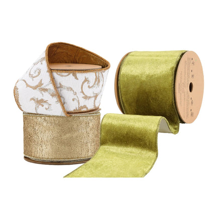 Set of 3 Christmas Ribbons – Olive Velvet, Gold Scroll (White with Metallic Swirls), Metallic Gold