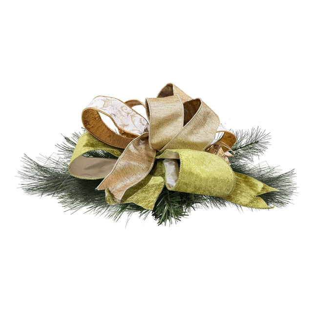  Festive Ribbon Decor on Pine Branches – Olive Velvet, Gold Scroll (White w/ Metallic Swirls), Metallic Gold Ribbons