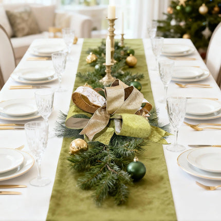  Luxury Christmas Table Decor with Olive, Gold Scroll (White w/ Metallic Swirls) & Metallic Gold Ribbons