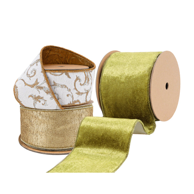 Set of 3 Christmas Ribbons – Olive Velvet, Gold Scroll (White with Metallic Swirls), Metallic Gold