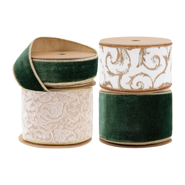 Four Christmas ribbon rolls: dark green velvet (gold edge), white-gold scroll, beige pattern, dark green velvet.