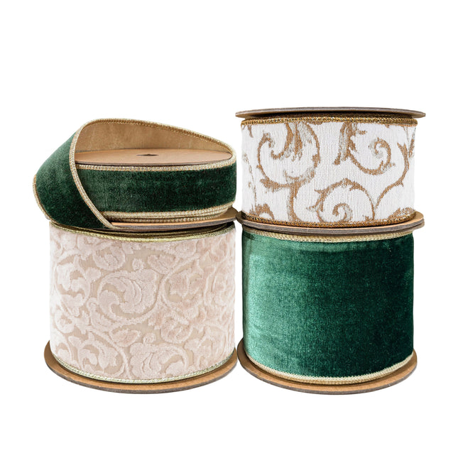 Four Christmas ribbon rolls: dark green velvet (gold edge), white-gold scroll, beige pattern, dark green velvet.