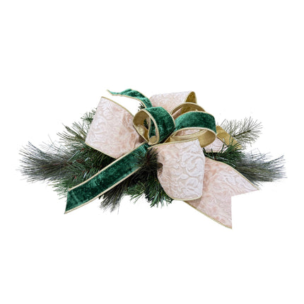  Festive pine decor with bows of ivory damask & green velvet, gold-trimmed ribbons.