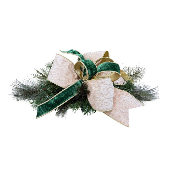  Festive pine decor with bows of ivory damask & green velvet, gold-trimmed ribbons.