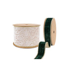Christmas ribbon set, 2 rolls: ivory damask, green velvet, both gold-trimmed.