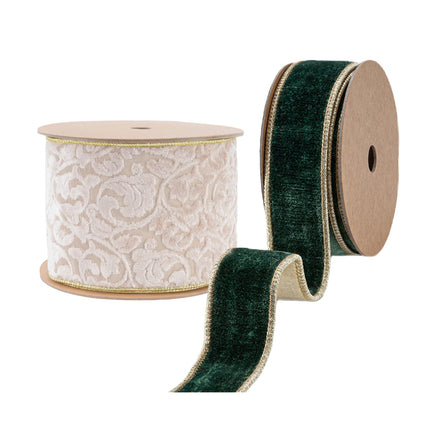 Christmas ribbon set, 2 rolls: ivory damask, green velvet, both gold-trimmed.