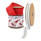 Three rolls of Christmas ribbon set – red sheer, cardinal bird & berry printed, silver embroidered lace ribbon.