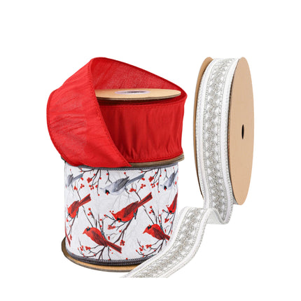 Three rolls of Christmas ribbon set – red sheer, cardinal bird & berry printed, silver embroidered lace ribbon.