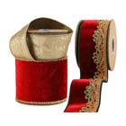 Christmas Ribbon Set – Three rolls: red velvet w/ gold trim, gold metallic, red velvet w/ gem-embellished lace.