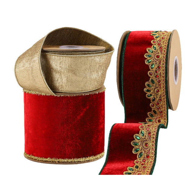 Christmas Ribbon Set – Three rolls: red velvet w/ gold trim, gold metallic, red velvet w/ gem-embellished lace.