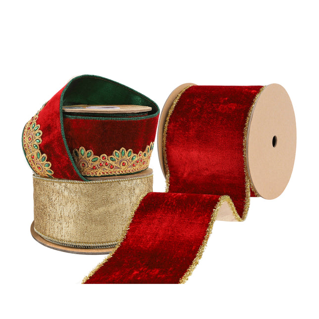 Christmas Ribbon Set – Three rolls: red velvet w/ gold trim, gold metallic, red velvet w/ gem-embellished lace.