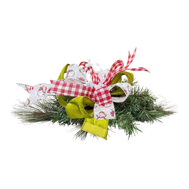 Festive Christmas Decor with Red-White Gingham, Snowman Print, Olive Green Velvet Ribbons on Pine Branches.