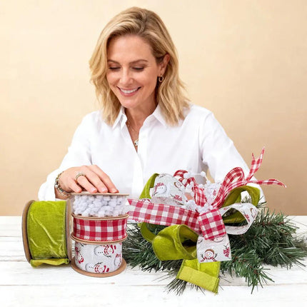 Woman Shows 4 Christmas Ribbon Rolls (Pom-Pom, Gingham, Snowman, Velvet) & Detailed Holiday Craft Decor.
