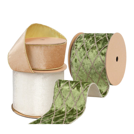 Holiday ribbon assortment with gold velvet, ivory velvet, and green velvet, great for Christmas crafting, decor, and gift wrapping.