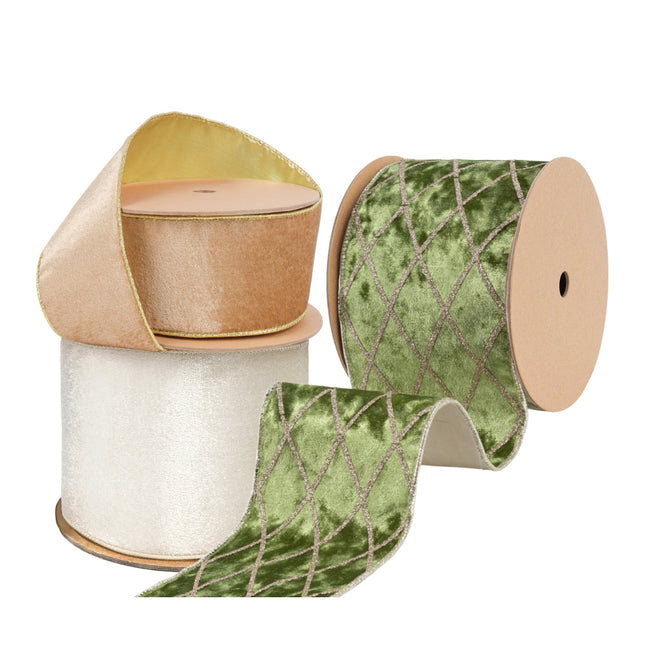 Holiday ribbon assortment with gold velvet, ivory velvet, and green velvet, great for Christmas crafting, decor, and gift wrapping.