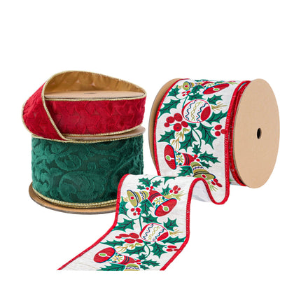 Three festive ribbons: red and green embossed velvet with gold edges, and a white one with holly, berries, and bells.