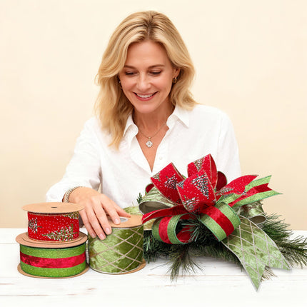 Woman with Christmas Ribbons: Red Tree, Green-Red Glitter, Green Gold Grid, Delicate.