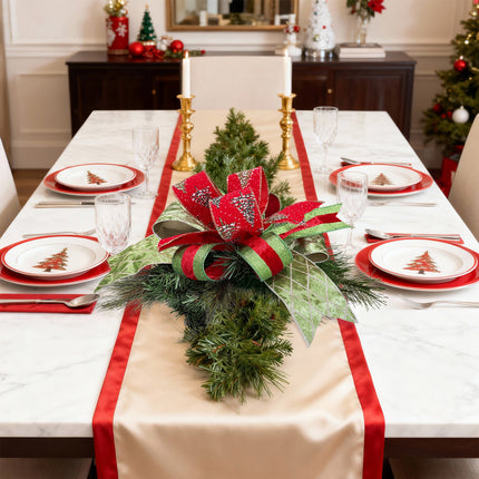 Christmas Dining Table: Ribbon Bow Red Tree, Green-Red Glitter, Green Gold Grid, Pine, Elegant.