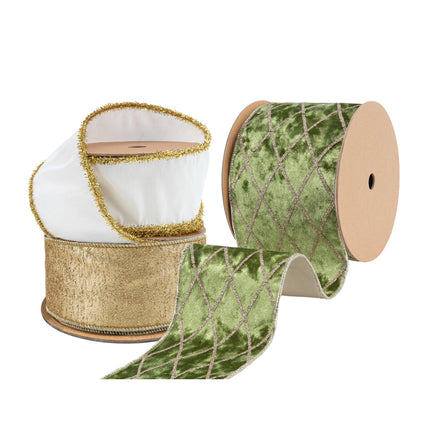  Three rolls of Christmas ribbons: white with gold tinsel edge, gold shimmer, green velvet with diamond pattern, exquisite craft.