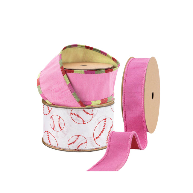 Three spools of ribbon with pink textures, plaid accents, and baseball prints, perfect for sports-themed crafts, girly decor, and creative gift wrapping.