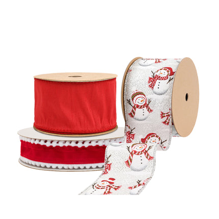 Christmas ribbons set: red solid, red with white pom-pom trim, snowman print with red scarf/hat, delicate craftsmanship.