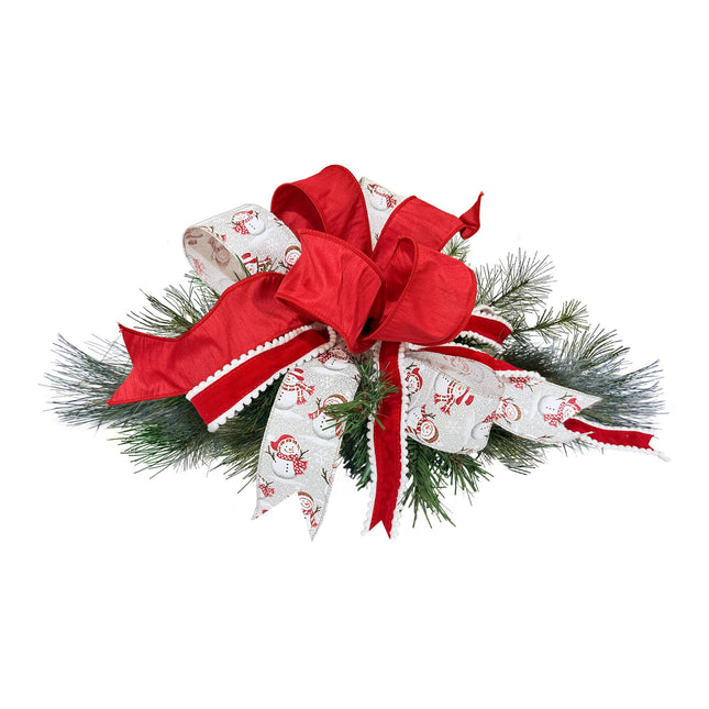 Christmas floral decor with red ribbons, snowman print ribbons (red scarf), green pine branches, exquisite design.