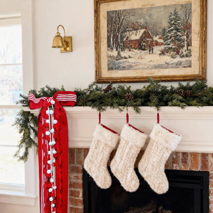 Red-white ribbon set (striped, grosgrain, pleated + pom-poms) on holiday mantel garland
