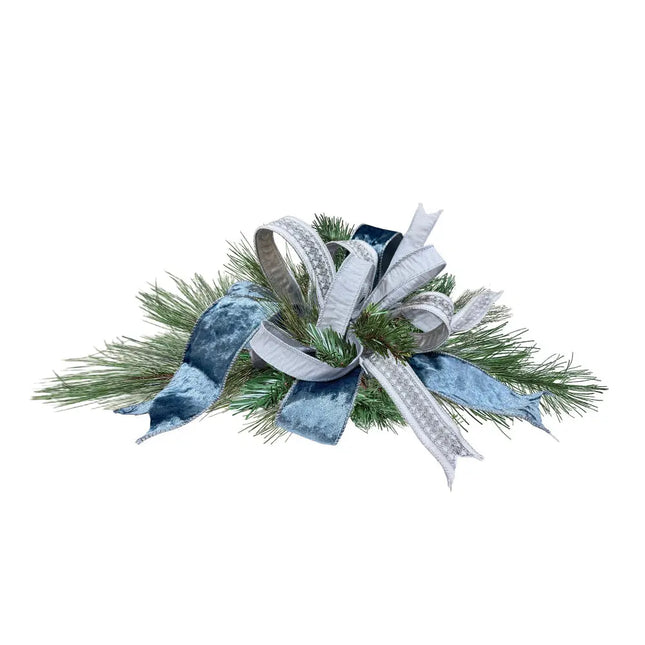 Charming Christmas centerpiece with green pine, blue velvet and silver embroidered ribbons.