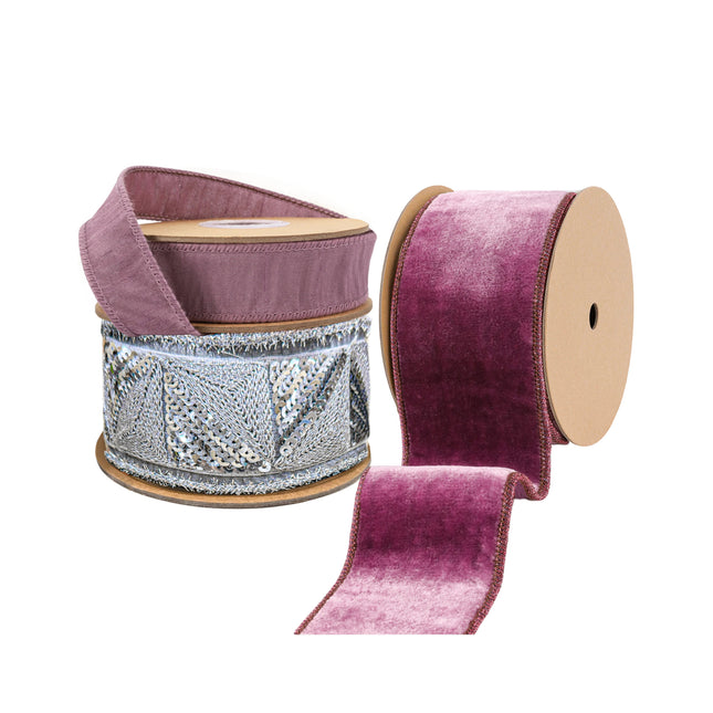 Three spools of wired edge ribbons, ideal for decor.