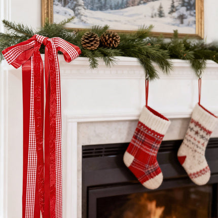 Red-white gingham ribbon bow (mantel): satin, festive red, holiday decor accent.