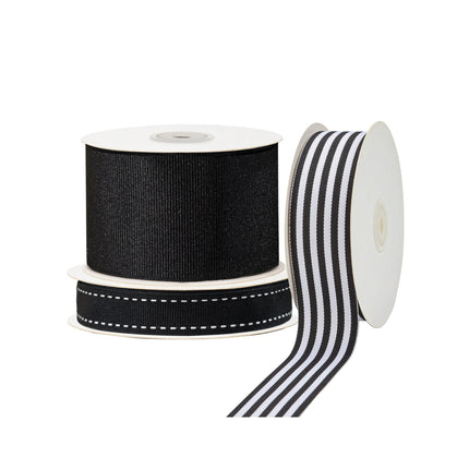 Black ribbed ribbon, black-white striped ribbed ribbon & black ribbon with white trim (on spools)