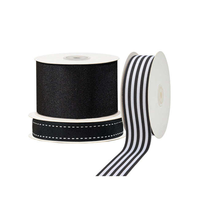 Black ribbed ribbon, black-white striped ribbed ribbon & black ribbon with white trim (on spools)