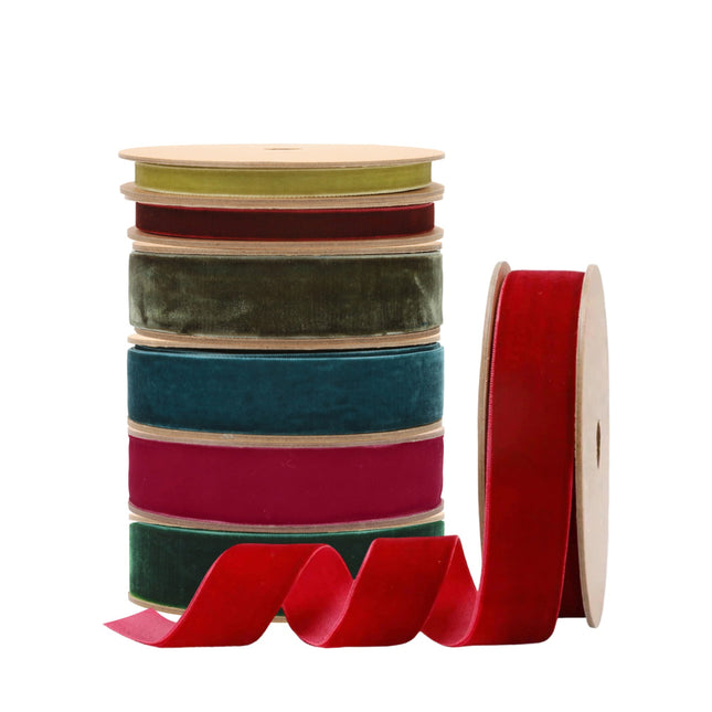 Soft velvet ribbon spools (olive, burgundy, teal) – luxurious, elegant decor & craft supply.