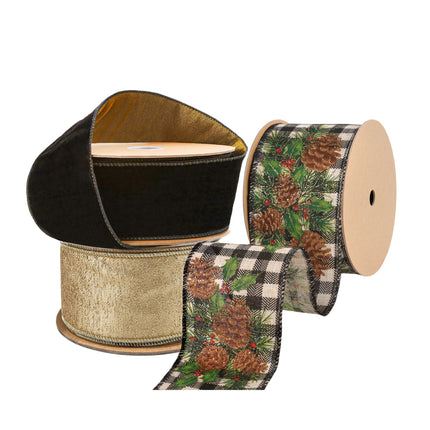 Black velvet (gold-lined), gold, & plaid pinecone ribbons – lush festive decor spools.
