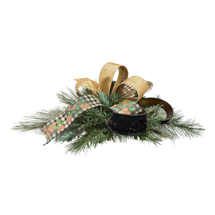 Festive pine sprig decor with black velvet, gold, & plaid pinecone ribbon bows.