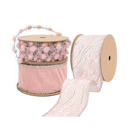 Pink festive decor set: velvet (silver-trimmed), wavy ribbon & pom-pom tinsel – soft decor supply.