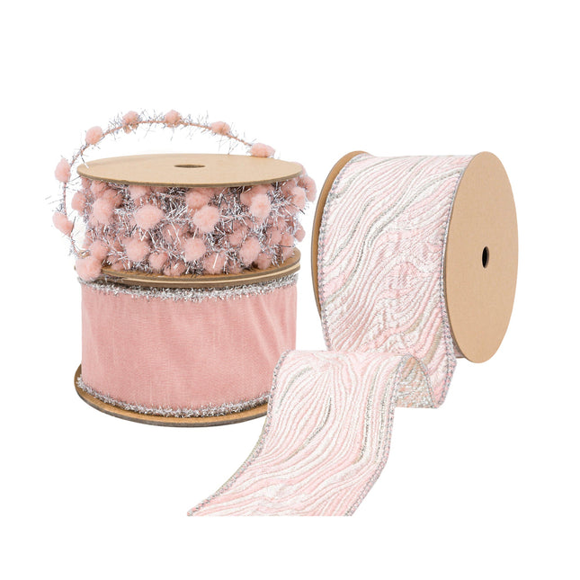 Pink festive decor set: velvet (silver-trimmed), wavy ribbon & pom-pom tinsel – soft decor supply.