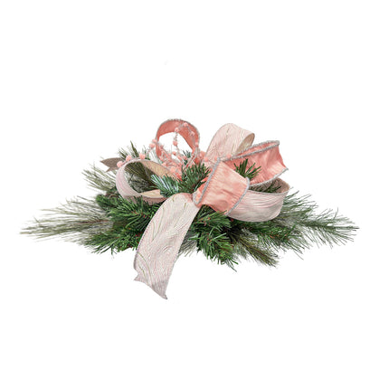 Elegant pink ribbon bow (textured/velvet) with pine sprigs – gentle holiday decor.