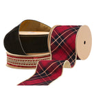 Black velvet (gold-lined), red plaid/gilt-trim velvet ribbons – luxe festive decor spools.