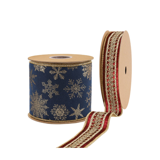  Deep navy ribbon (gold snowflake motifs) + burgundy-gold embroidered wired trim, rolled.