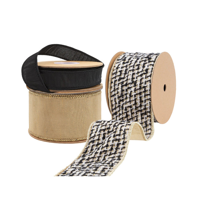 Black satin, beige (gold-trimmed), & black-white houndstooth (gold-threaded) ribbons, luxe gold edge trim, rolled.
