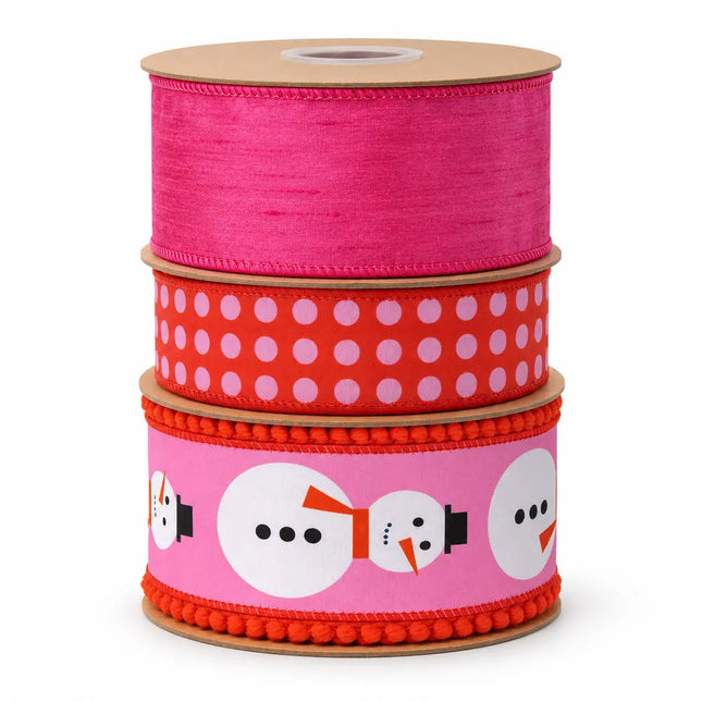 1 1/2" Red/Pink Polka Dot and 2 1/2" Hot Pink Dupioni with 2 1/2" Modern Snowman Pom Pom Edge Wired Ribbon Bundle | 3 Rolls | 30 Yards