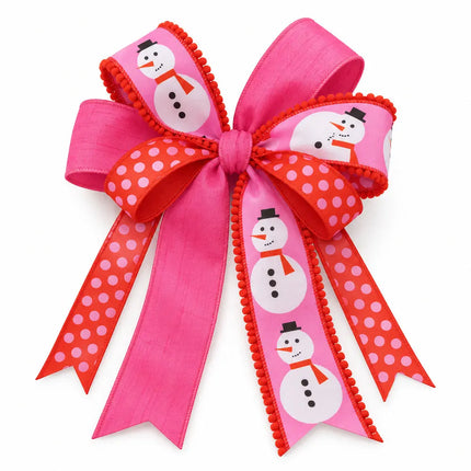 1 1/2" Red/Pink Polka Dot and 2 1/2" Hot Pink Dupioni with 2 1/2" Modern Snowman Pom Pom Edge Wired Ribbon Bundle | 3 Rolls | 30 Yards