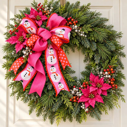 1 1/2" Red/Pink Polka Dot and 2 1/2" Hot Pink Dupioni with 2 1/2" Modern Snowman Pom Pom Edge Wired Ribbon Bundle | 3 Rolls | 30 Yards