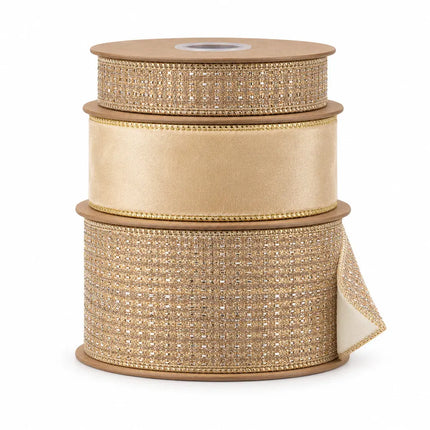1" & 4" Champagne Metallic Sparkle with 2 1/2" Classic Velvet Wired Ribbon Bundle | 3 Rolls | 30 Yards