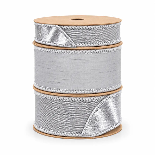 1" and 2 1/2" Silver Metallic Fused with 2 1/2" Silver Dupioni Wired Ribbon Bundle | 3 Rolls | 30 Yards
