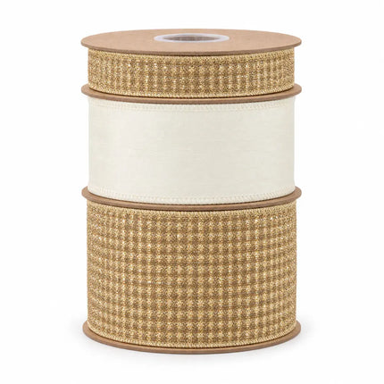 1" Gold Metallic Sparkle and 2 1/2" Antique White with 4" Gold Metallic Sparkle Wired Ribbon Bundle | 3 Rolls | 30 Yards