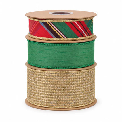 1 1/2" Christmas Plaid and 2 1/2" Forest Green Dupioni wit 4" Gold Sparkle Wired Ribbon Bundle | 3 Rolls | 30 Yards