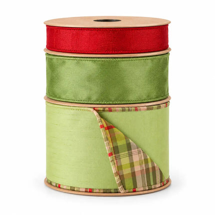 1" Red and 2 1/2" Green Apple Dupioni with 4" Moss Plaid with Piping Wired Ribbon Bundle | 3 Rolls | 30 Yards