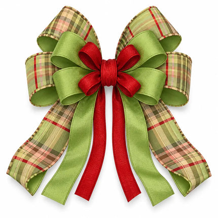 1" Red and 2 1/2" Green Apple Dupioni with 4" Moss Plaid with Piping Wired Ribbon Bundle | 3 Rolls | 30 Yards